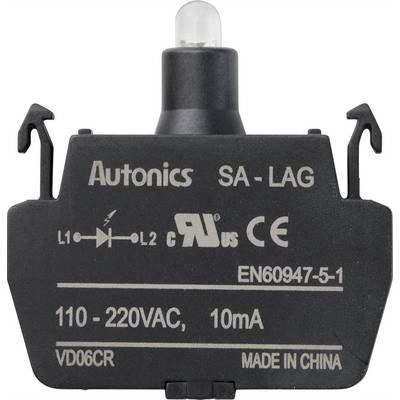 Componente Autonics SA-LAG nero con stampa '110-220VAC, 10mA'. La parte superiore ha supporti e una lente cilindrica.