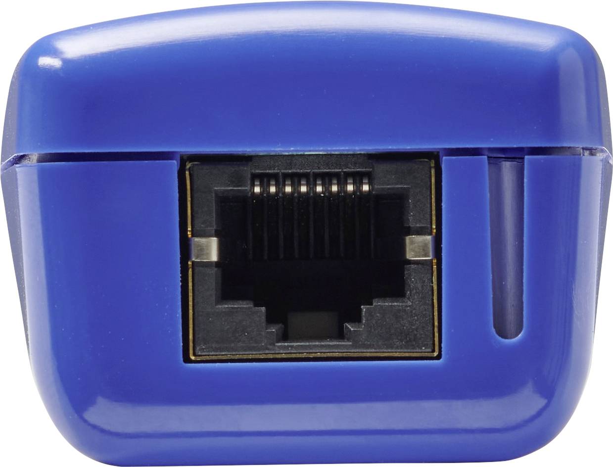 Un dispositivo di rete blu in primo piano con una porta Ethernet.