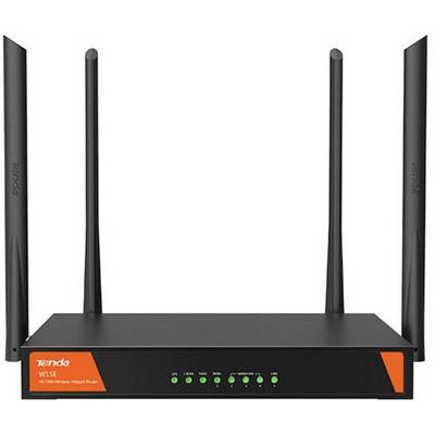 Router WLAN con quattro antenne, modello 'Tenda AC1200', in posizione verticale. Il lato frontale mostra gli indicatori di stato e il logo del marchio.