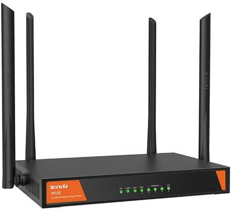 Un router Wi-Fi nero con quattro antenne verticali, spie LED verdi sul lato frontale e un logo aziendale arancione.