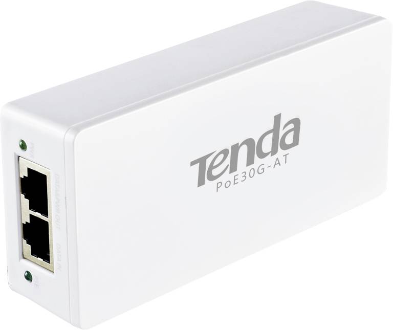 Tenda PoE30G-AT, un adattatore Power-over-Ethernet con due porte Ethernet, utilizzato per l'alimentazione di dispositivi compatibili.