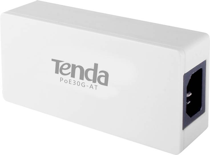 Iniettore PoE Tenda PoE30G-AT bianco, compatto con logo del marchio, utilizzato per la trasmissione di alimentazione e dati nelle reti.