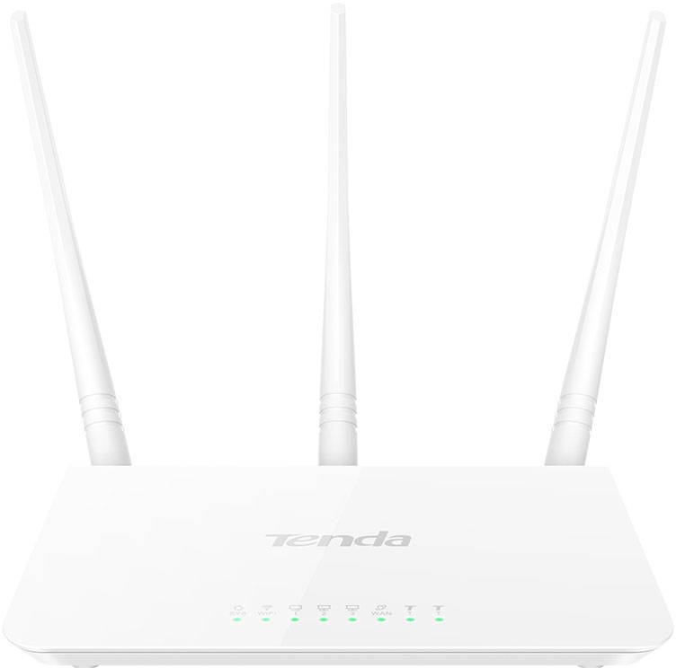 Router bianco con tre antenne e spie luminose sul lato frontale.