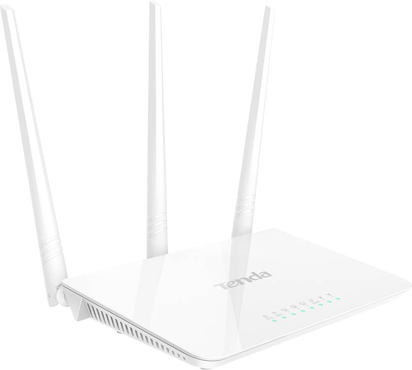 Router wireless bianco con tre antenne e spie LED luminose che indicano l'attività di rete. Logo Tenda sulla parte superiore.