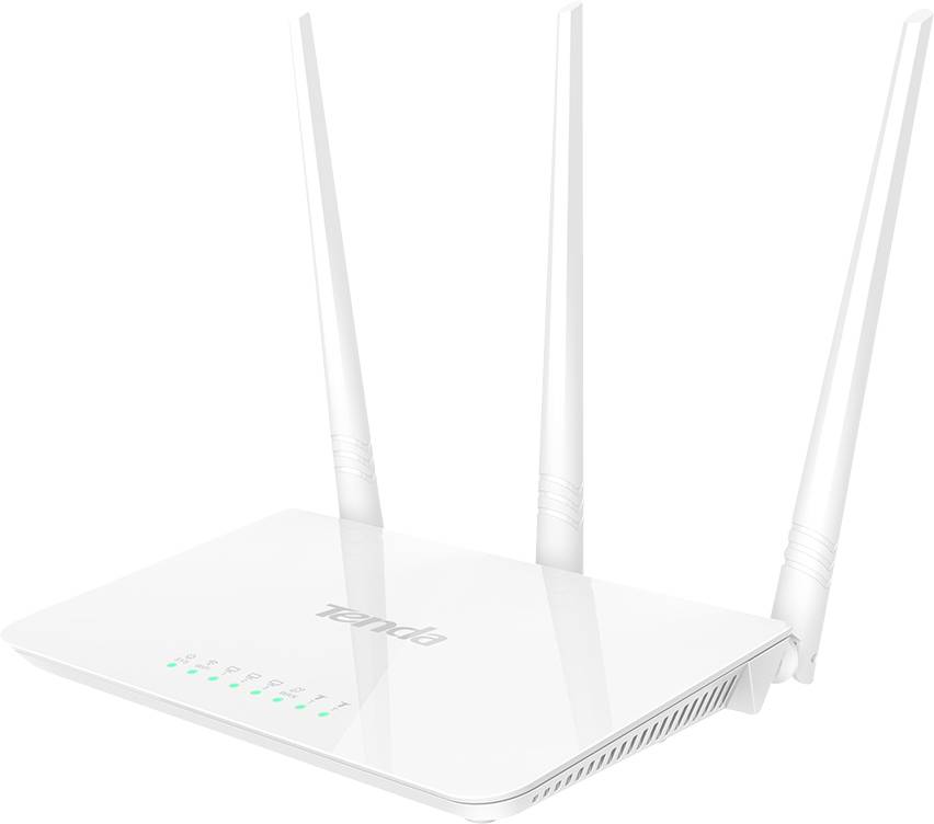 Un router WiFi bianco con tre antenne e diversi indicatori LED illuminati sul lato anteriore.