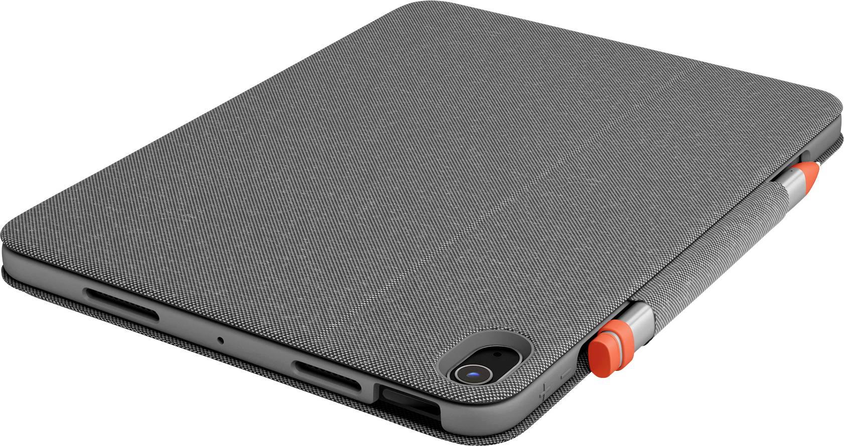 Un tablet grigio con una superficie strutturata e una penna arancione incastrata lateralmente in un supporto.