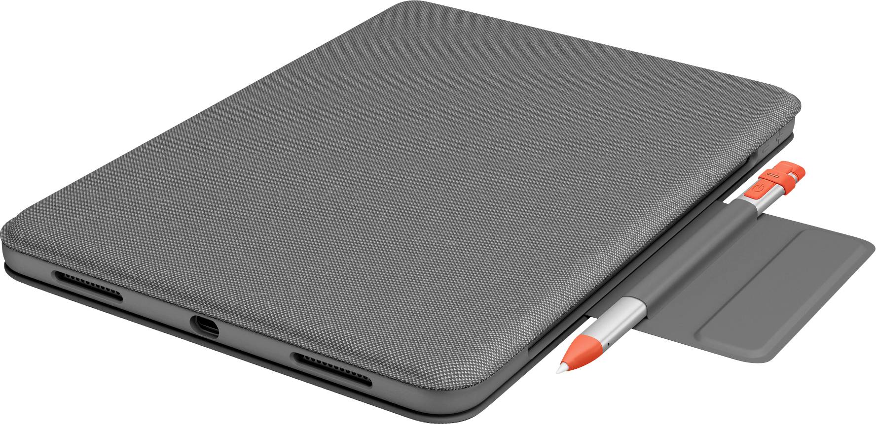 Tablet grigio in una custodia protettiva, con una penna arancione e bianca poggiata nel suo supporto sulla destra.
