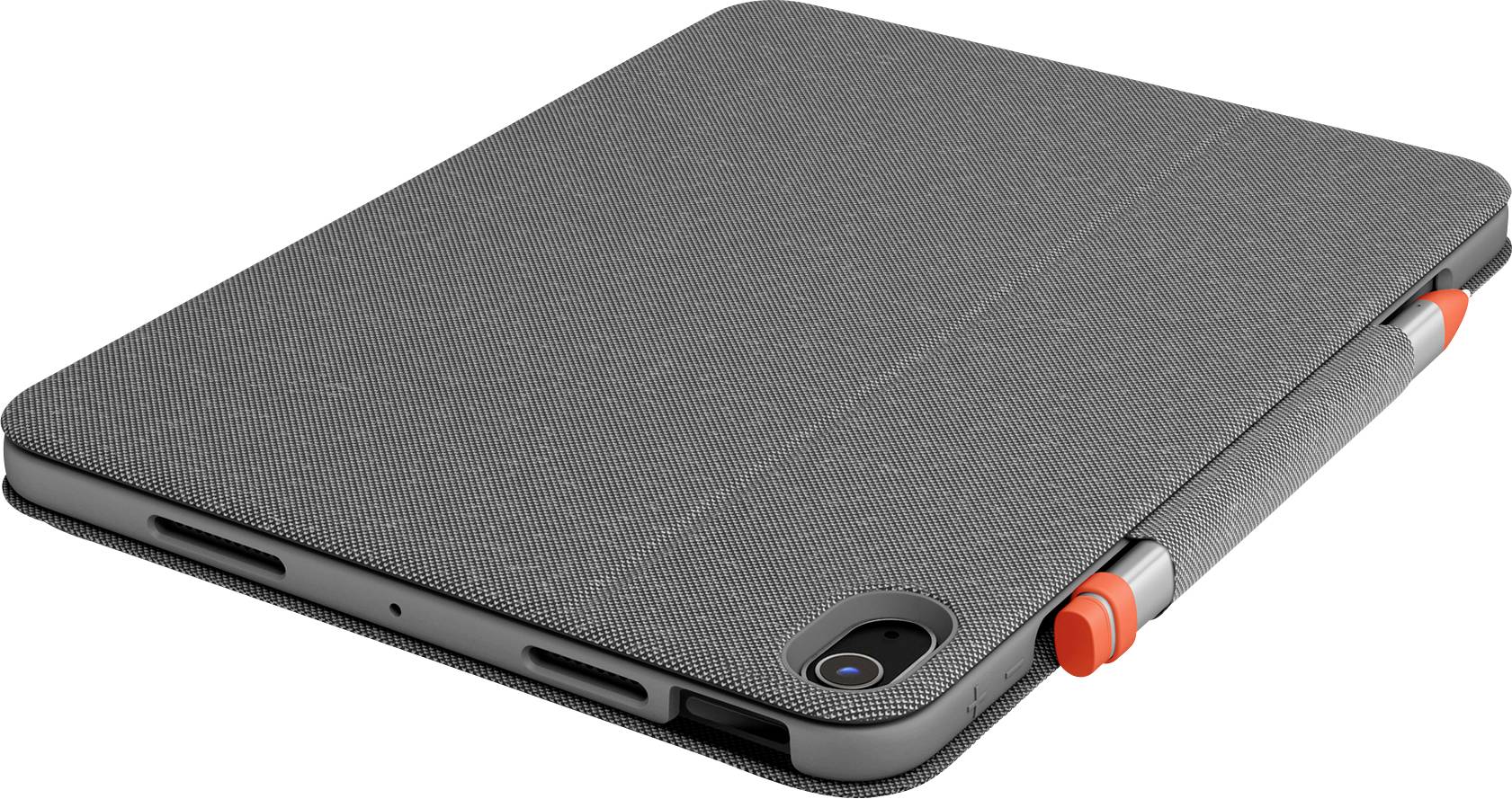 Un tablet PC grigio con una superficie strutturata e una fotocamera sul retro, accanto a una penna arancione nel suo supporto.