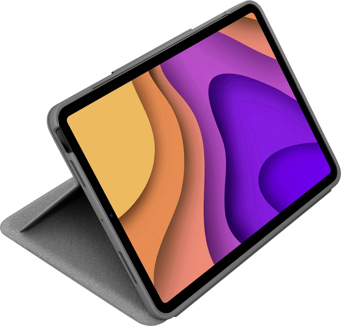 Un tablet in un custodia protettiva con uno sfondo sullo schermo colorato e ondulato, leggermente inclinato.