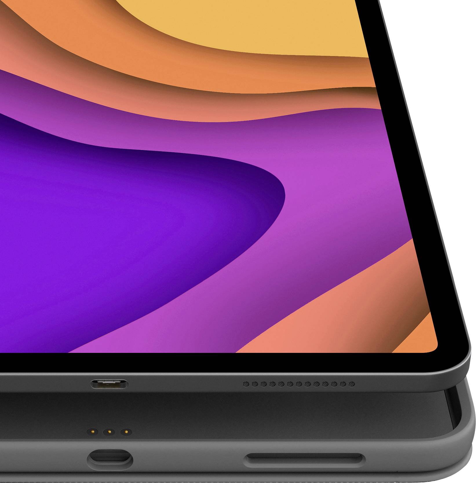 Un tablet con uno schermo vivace mostra motivi ondulati in arancione e viola. Sotto sono visibili l'altoparlante e la porta USB.