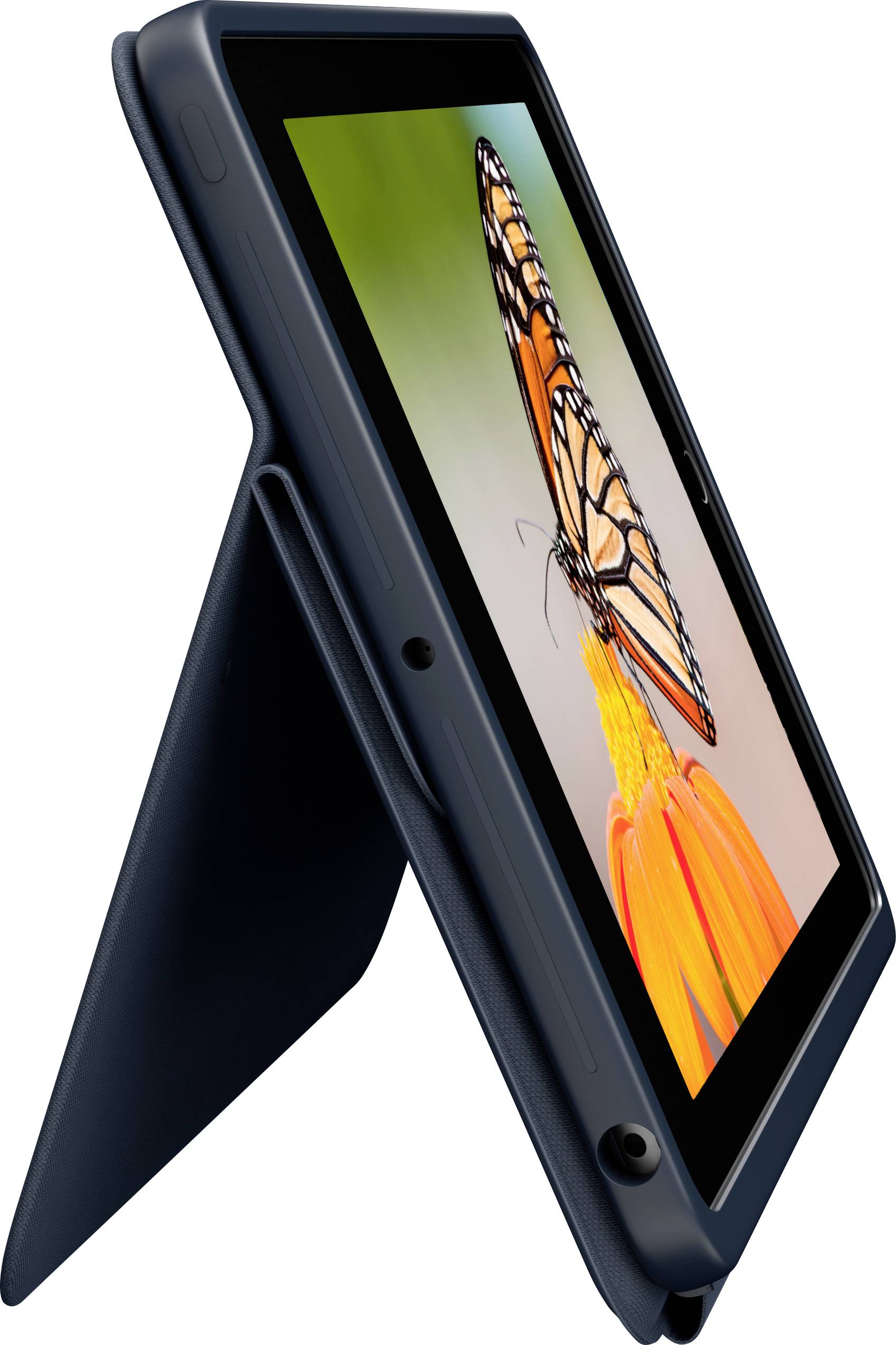 Un tablet in un supporto mostra una foto di una farfalla seduta su un fiore arancione.