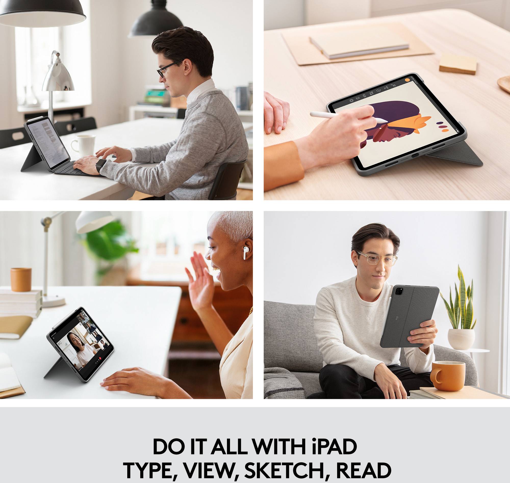 Quattro immagini mostrano iPad in modalità diverse: digitare, disegnare, videochiamare, leggere. Testo: 'Digitare, guardare, disegnare e leggere – quattro modalità per iPad'.