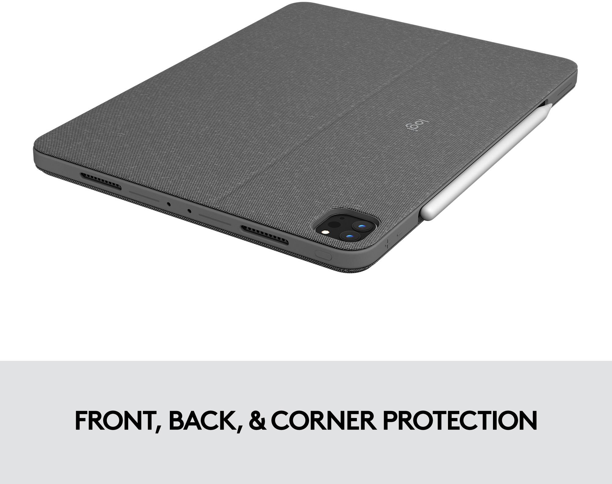 Un tablet grigio chiuso con custodia protettiva che copre il fronte, il retro e gli angoli. Testo: 'Protezione per fronte, retro e angoli'.