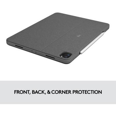 Un tablet grigio chiuso con custodia protettiva che copre il fronte, il retro e gli angoli. Testo: 'Protezione per fronte, retro e angoli'.