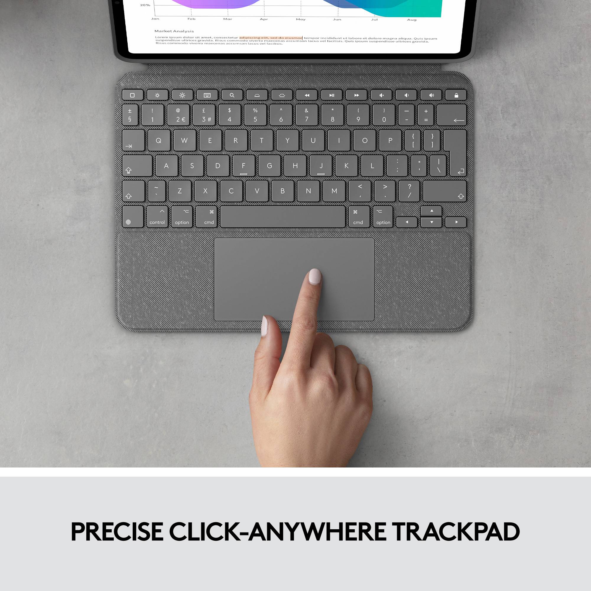 Una mano che punta sul touchpad di un laptop con il titolo 'Touchpad cliccabile con precisione, ovunque' sotto. Lo schermo mostra un diagramma.