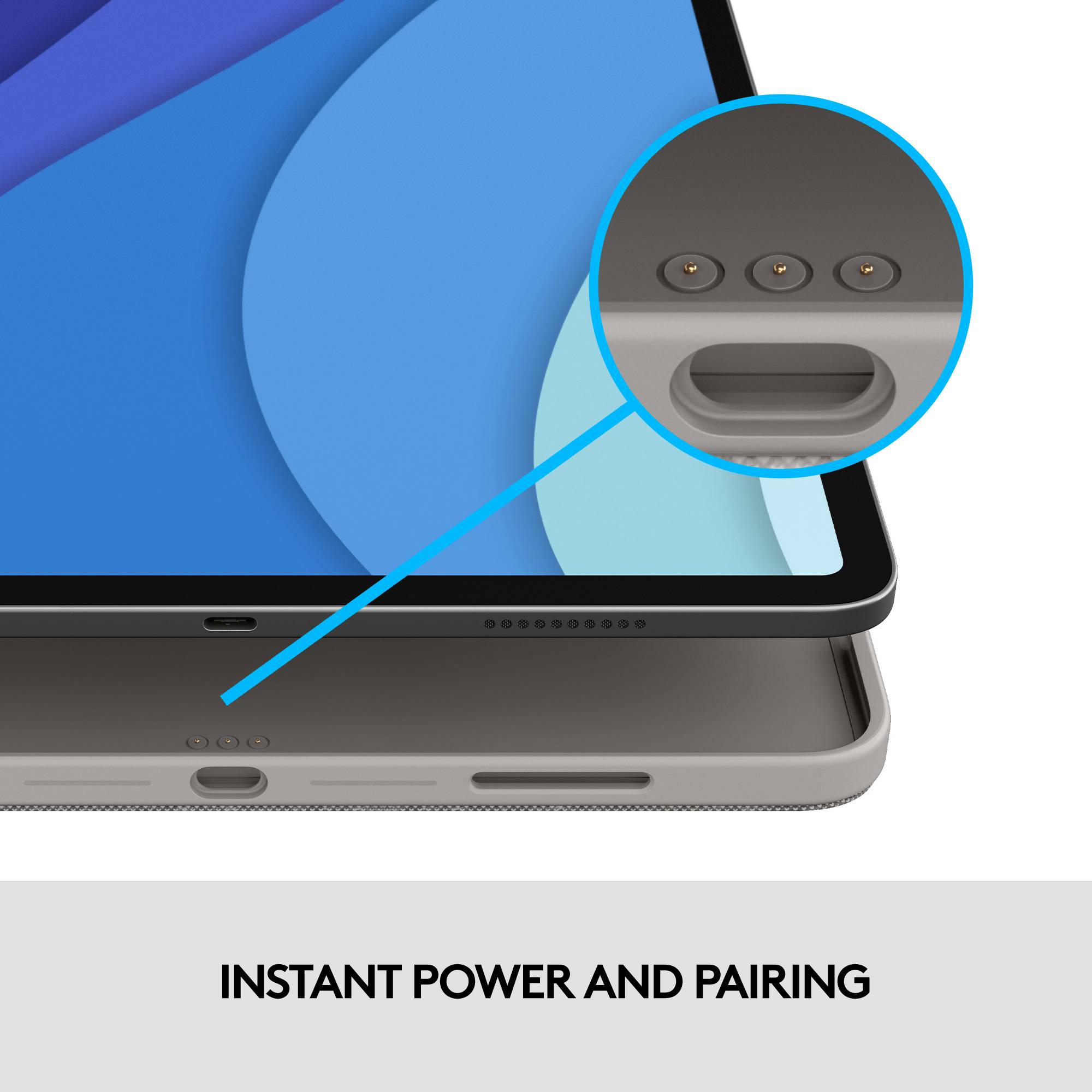 Tablet con focus sulle porte di connessione sul lato inferiore. Testo sottostante: 'Alimentazione e abbinamento istantaneo'.