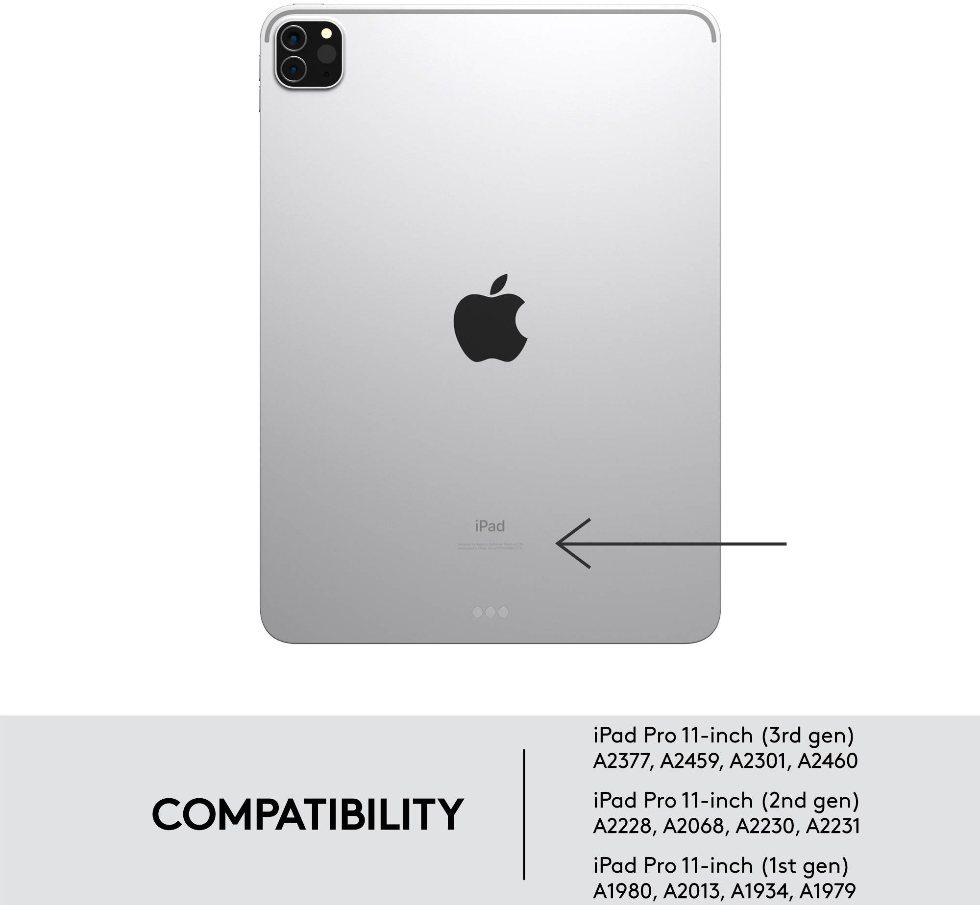 Un iPad con una freccia che punta alla porta sul retro. In basso c'è scritto 'Compatibilità' con un elenco di modelli supportati.