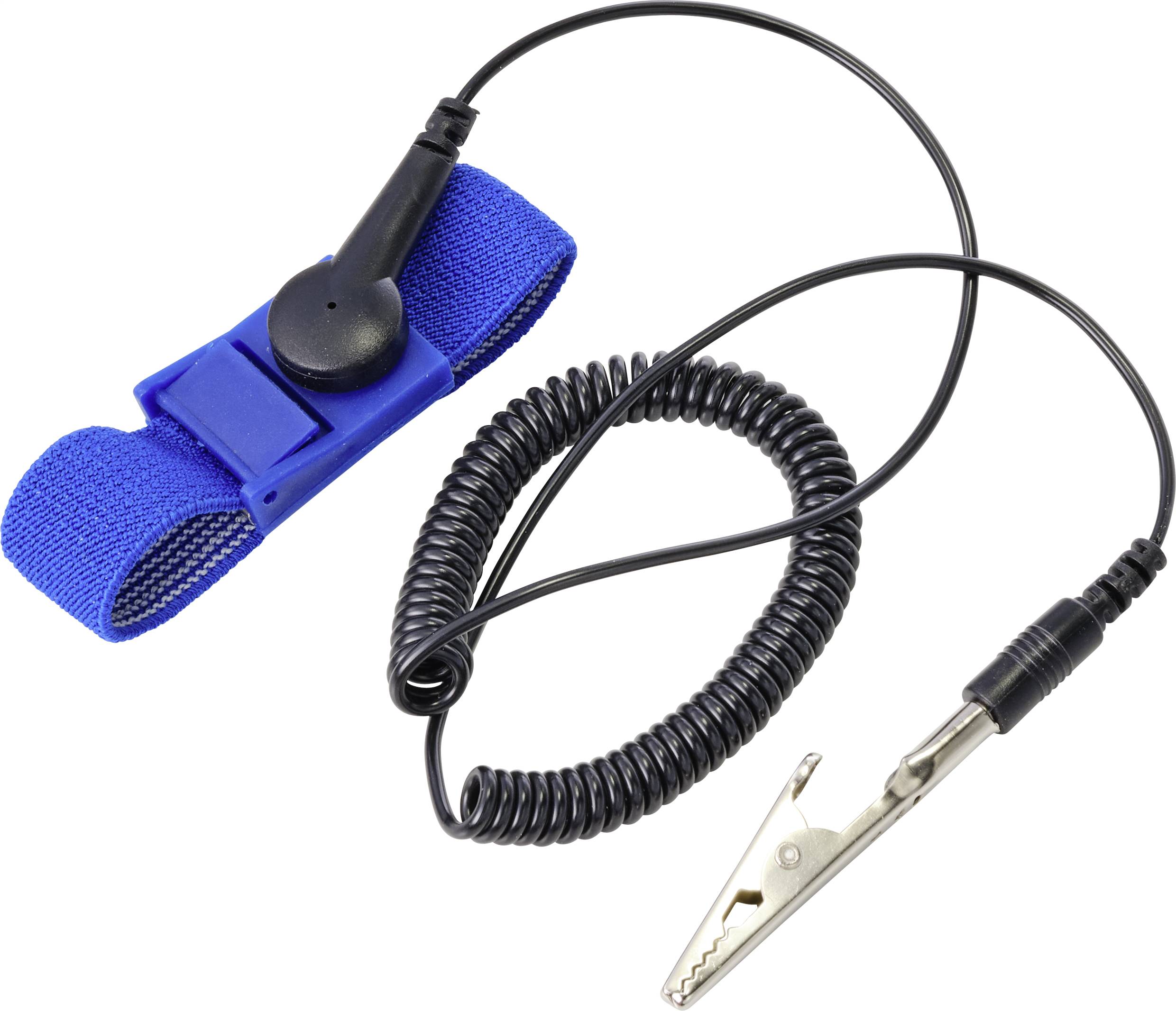 Un bracciale antistatico blu con cavo a spirale e pinza a coccodrillo, utilizzato per scaricare l'elettricità statica.