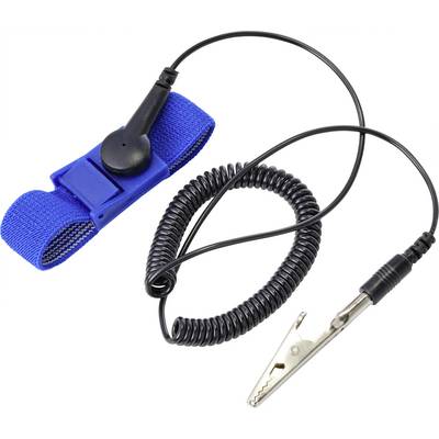 Un bracciale antistatico blu con cavo a spirale e pinza a coccodrillo, utilizzato per scaricare l'elettricità statica.