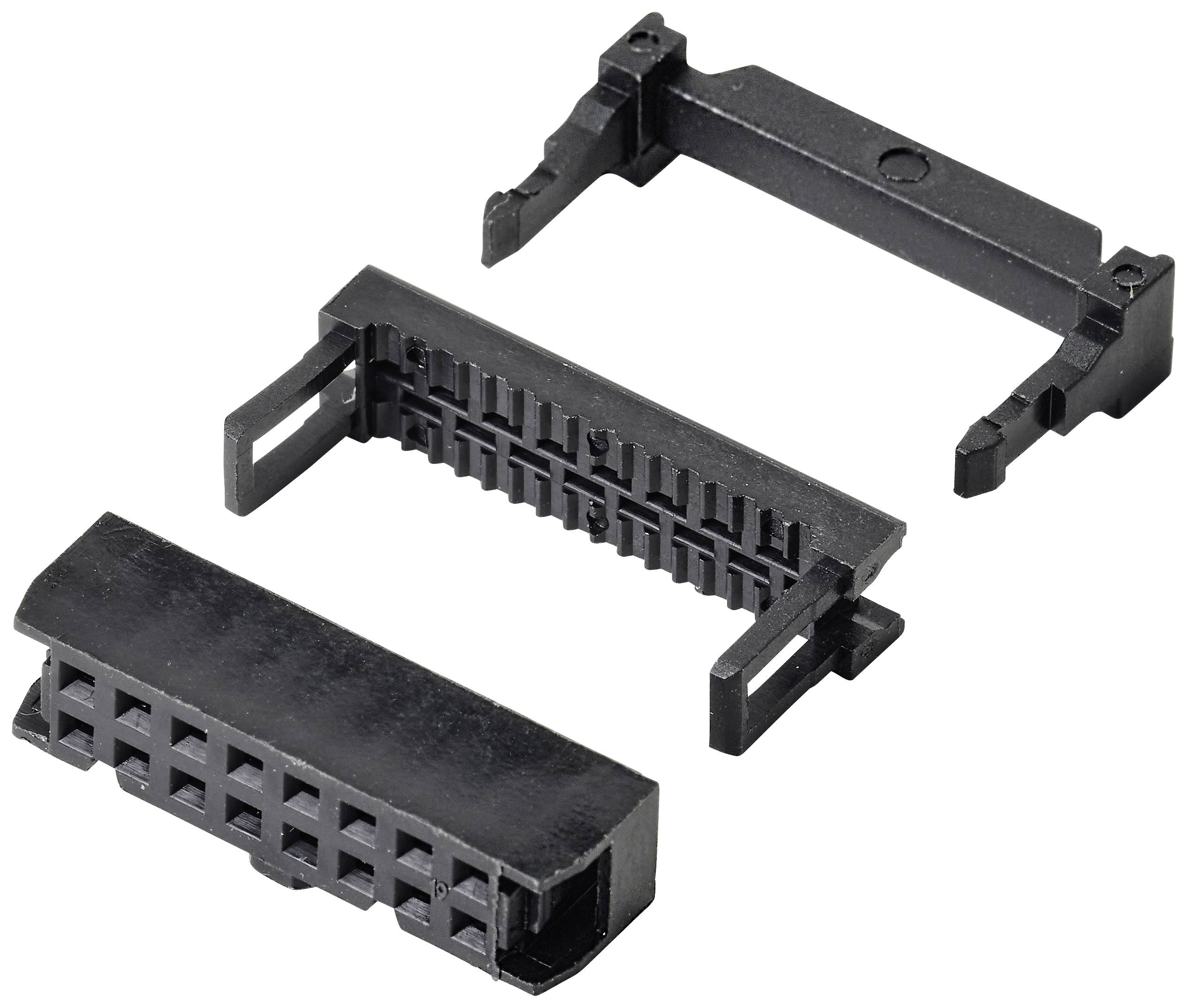 Un connettore nero aperto con più pin di contatto, utilizzato per connessioni elettroniche.