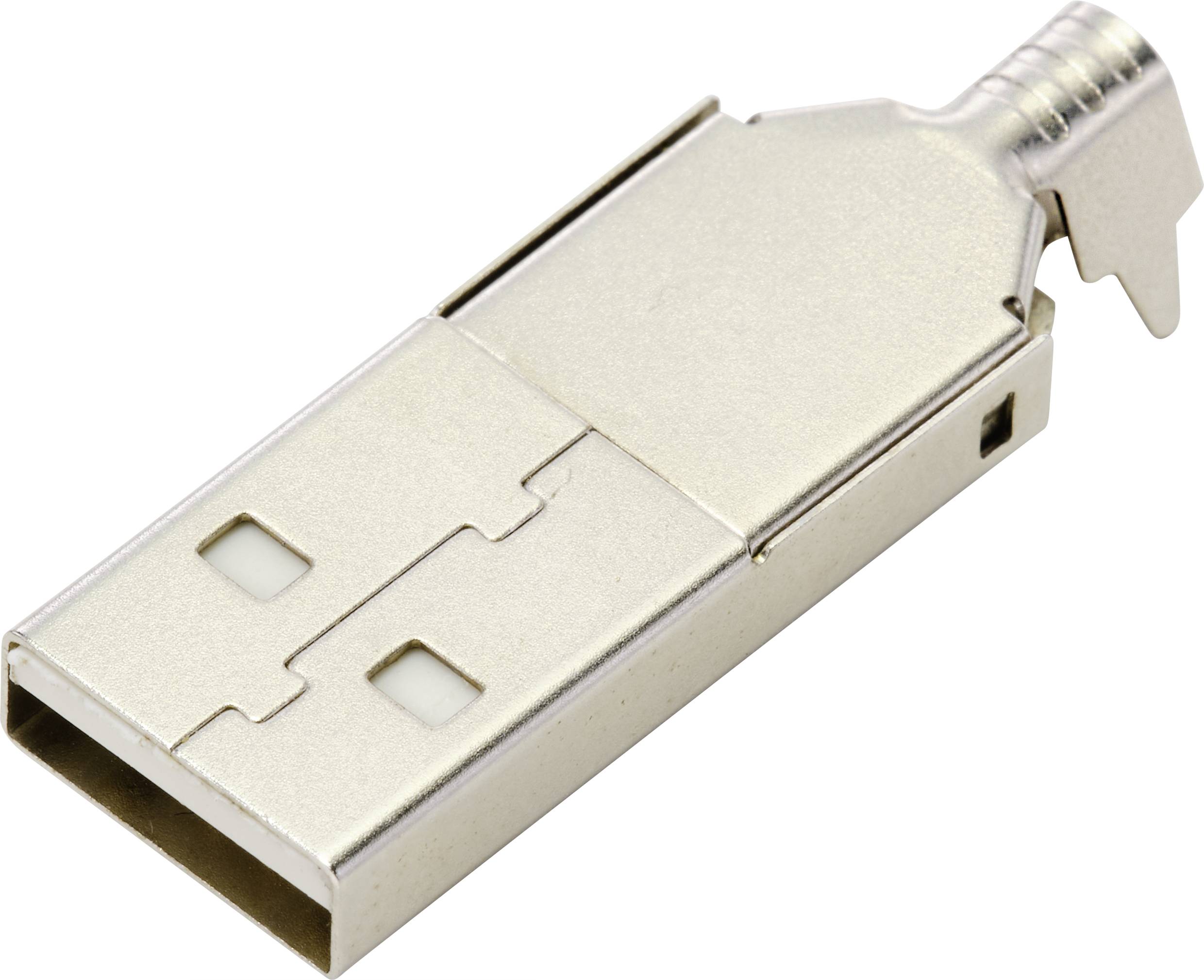 Una chiavetta USB d'argento, di forma rettangolare, con le superfici di connessione visibili, su sfondo bianco.