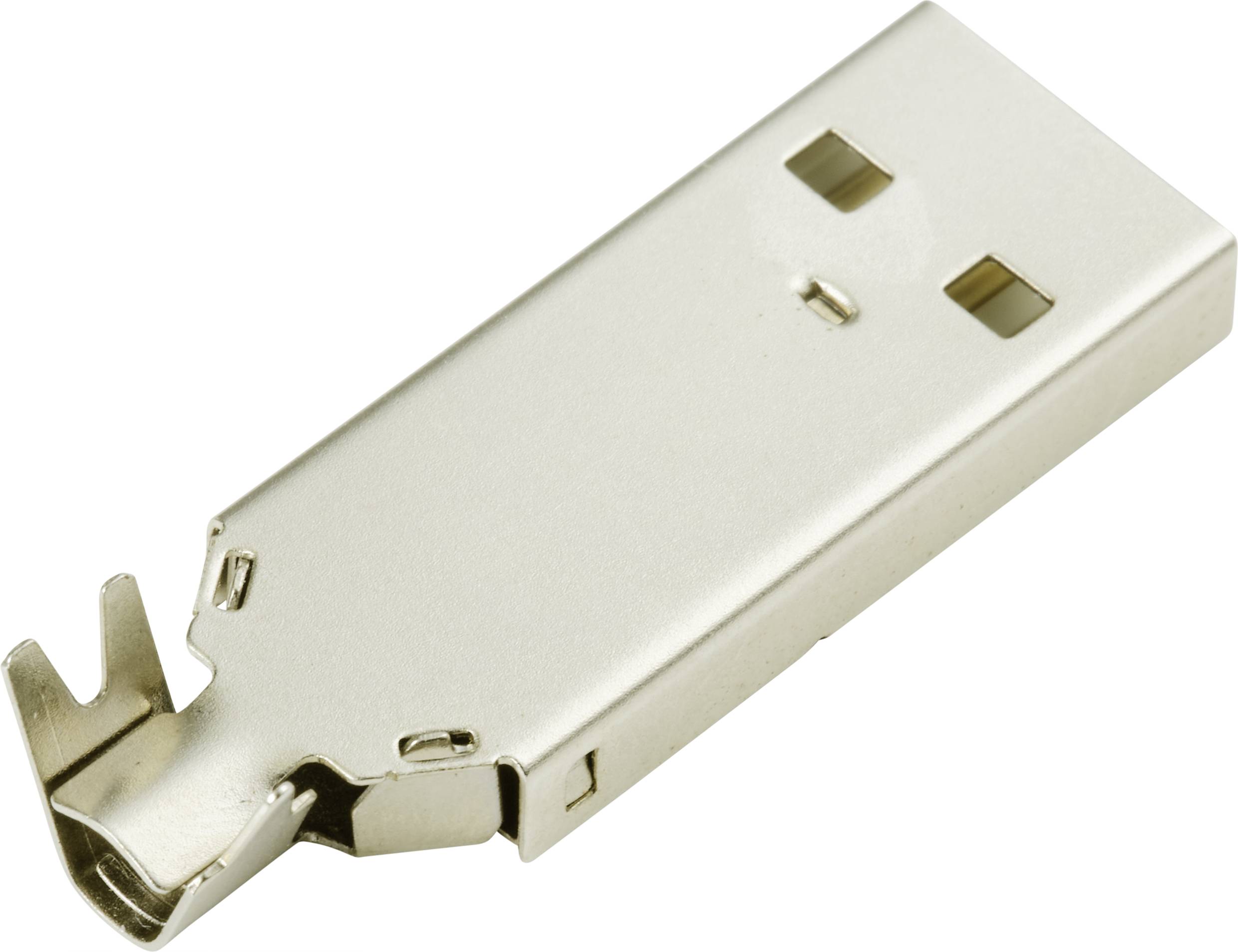 Una spina USB con involucro metallico, ripresa lateralmente. I connettori e il design sottile sono chiaramente visibili.