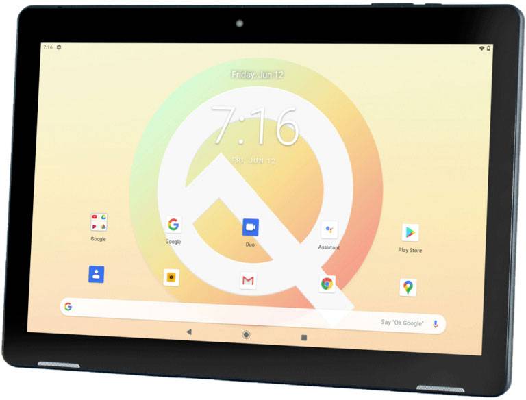Un tablet con uno schermo che mostra il logo di Android Q e app come Google, Duo e Google Assistant. Data 'Ven, 12 giugno', ora '7:16'.