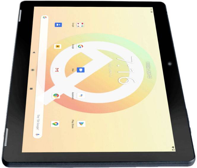 Tablet computer con una schermata iniziale che mostra applicazioni come Gmail, Chrome, Mappe e YouTube. Un grande widget dell'orologio è visibile.