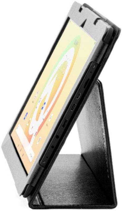 Un tablet in un involucro protettivo nero è in posizione verticale. Lo schermo mostra grafiche astratte e colorate.