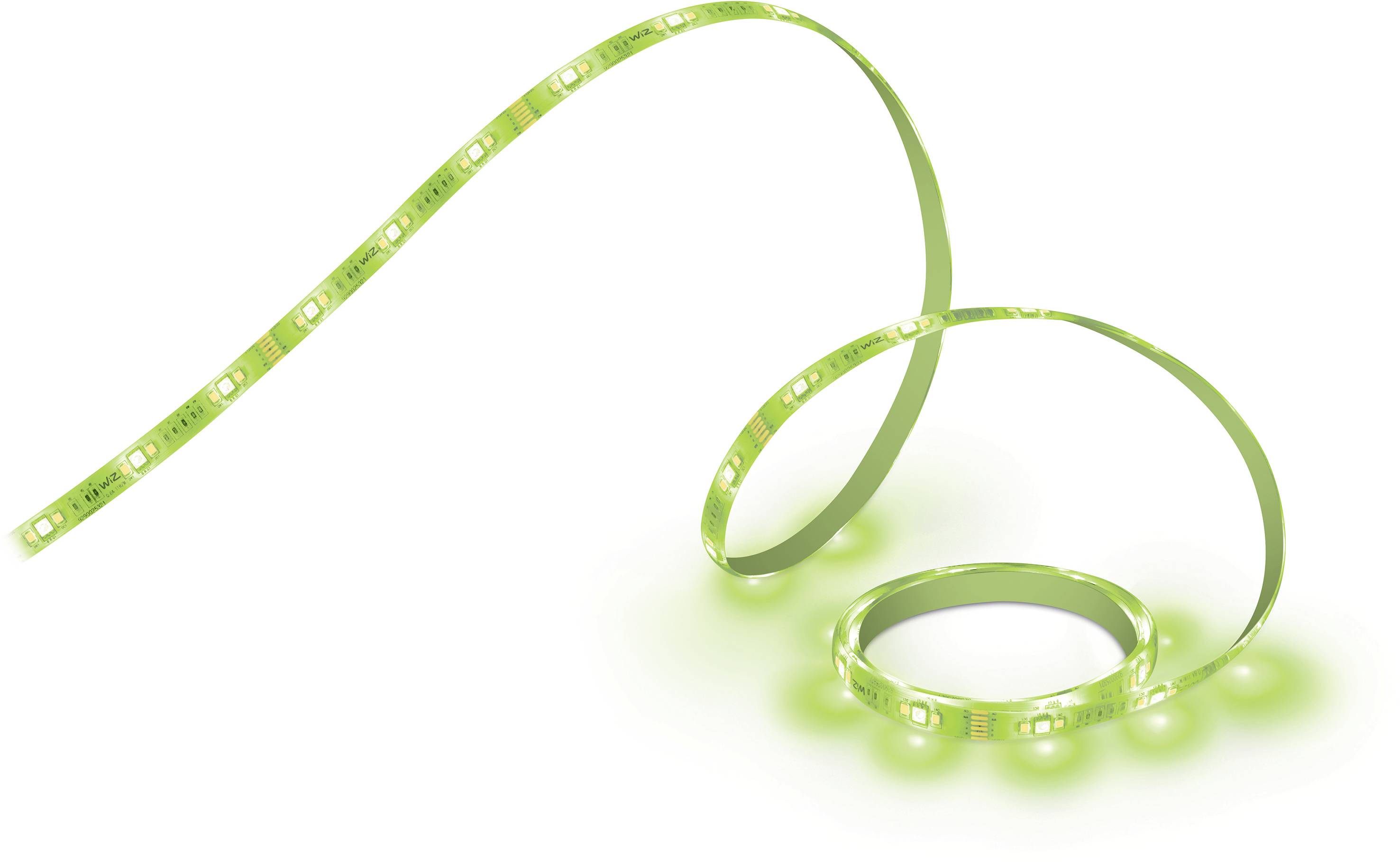 Un nastro LED verde e luminoso, arrotolato in modo morbido, emana una luce uniforme.