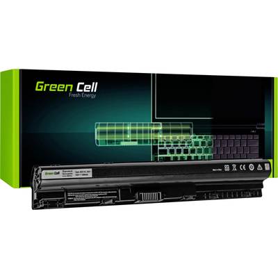 Una batteria verde su sfondo nero con la scritta 'Green Cell Fresh Energy'. Sullo sfondo è visibile un laptop.