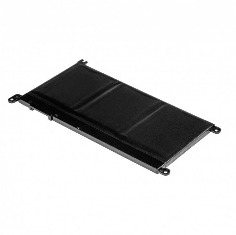 Una batteria agli ioni di litio rettangolare e piatta, con connettori metallici agli angoli, adagiata su uno sfondo bianco.