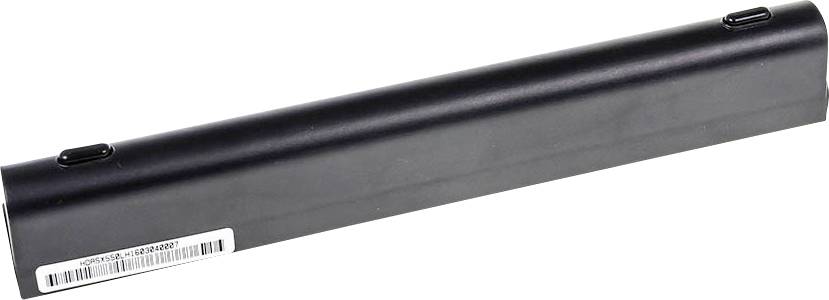 Batteria per laptop nera con etichetta del prodotto, forma cilindrica, priva di connettori visibili, su sfondo bianco.