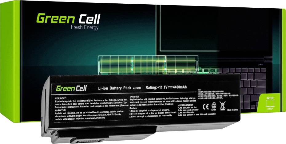Un imballaggio verde con la scritta 'Green Cell Fresh Energy' mostra una batteria per laptop con specifiche tecniche.