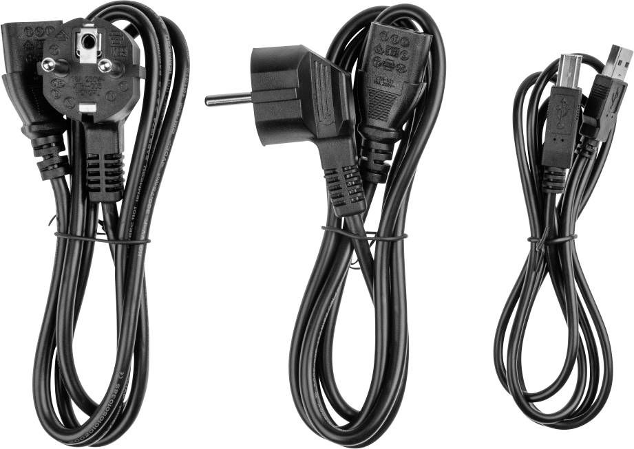 'Tre cavi di rete neri: uno con spina europea, uno con spina Schuko e un cavo USB. Tutti sono fissati con fascette per cavi.'