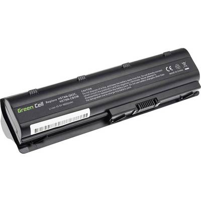Un laptop battery nero con la scritta 'Green Cell', specifiche del prodotto e avvertenze di sicurezza sulla superficie.