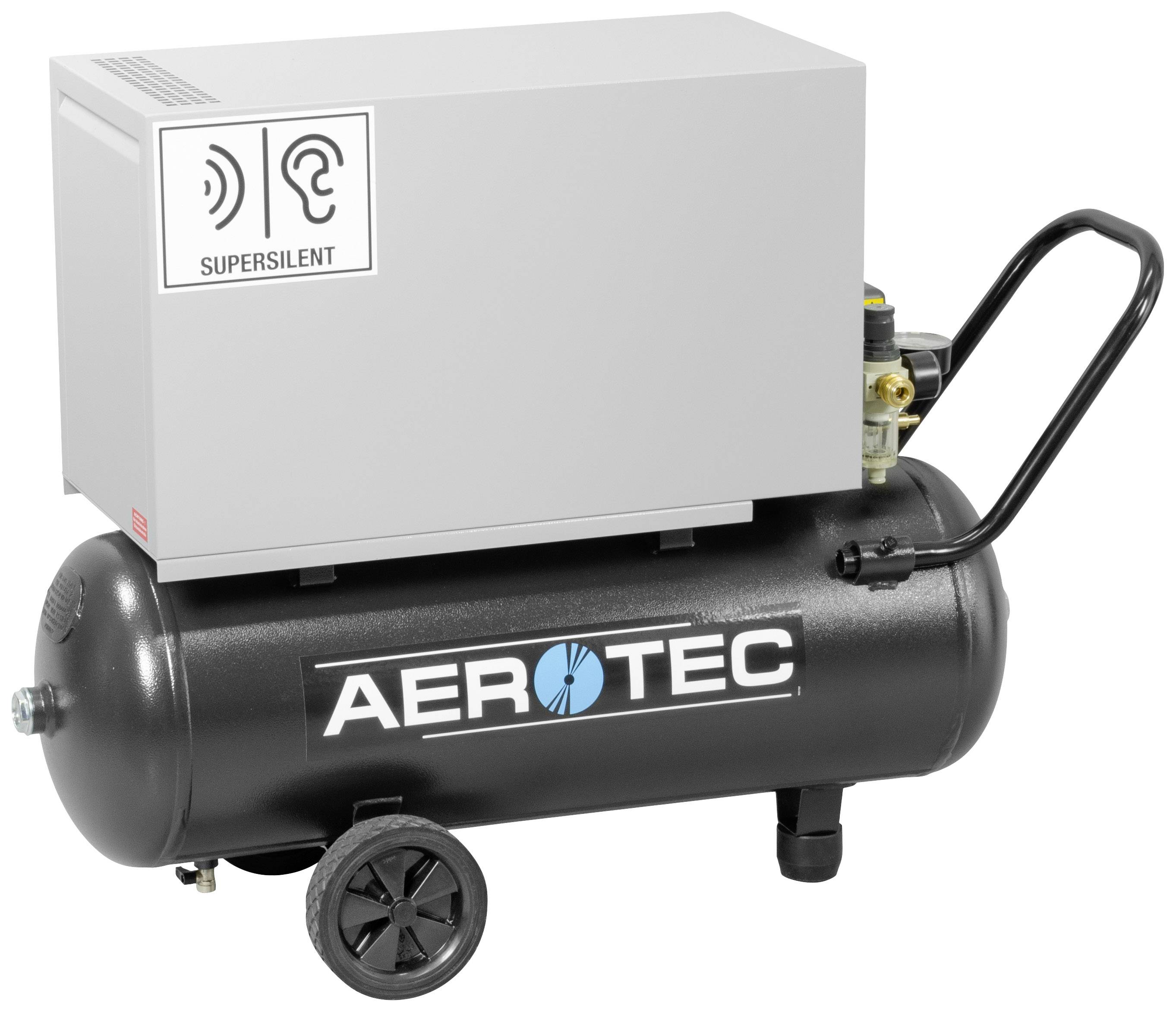 'Compressore nero con scatola grigia agganciata e la scritta "SUPERSILENT". Contrassegnato con "AEROTEC" sul serbatoio anteriore.'