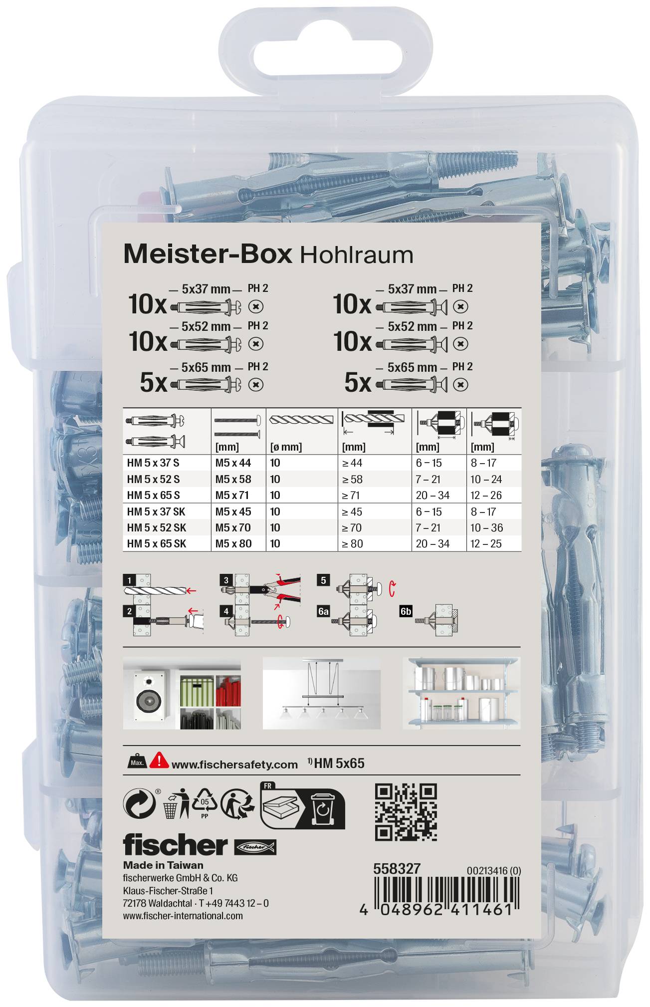 Set di viti 'Fischer Meister-Box Hohlraum', 50 pezzi. La confezione mostra viti e un utilizzo in ambito cucina.