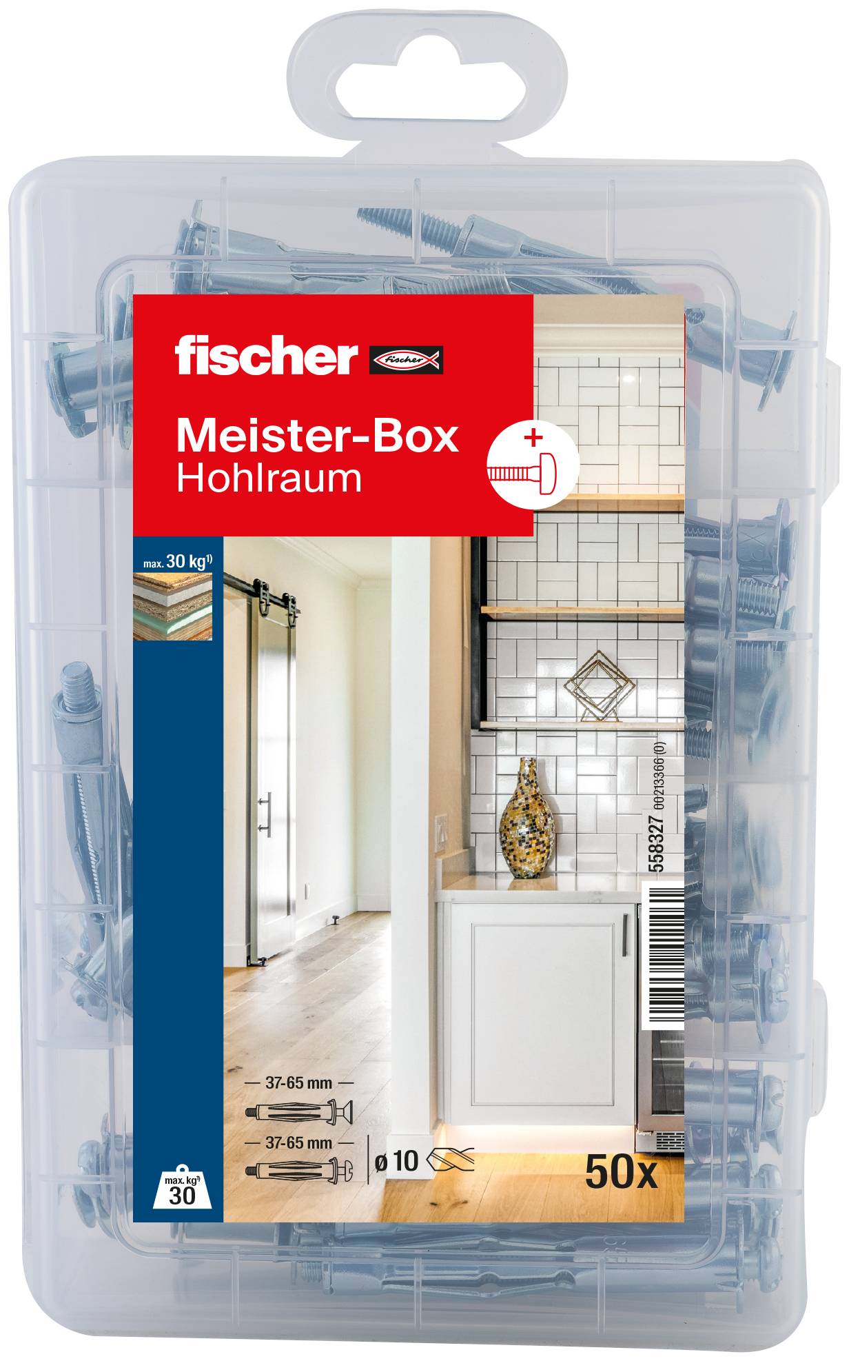 Set di tasselli metallici in una scatola di plastica trasparente con sei scomparti, riempita con diversi tipi di tasselli metallici per fissaggio.