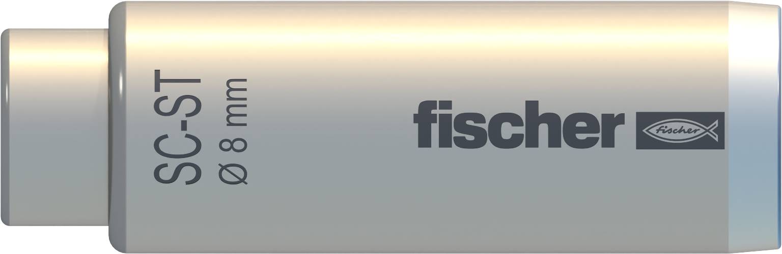 Primo piano di un connettore cilindrico o manicotto grigio Fischer SC-ST da 8 mm, etichettato "fischer" e "SC-ST ø8 mm".