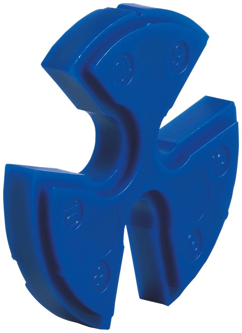 Elica o componente ventilatore in plastica blu a tre pale su sfondo bianco.