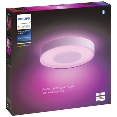 Philips Hue Plafoniera nella confezione mostrata; offre opzioni di illuminazione bianca e colorata; Slogan: 'Personalizza la tua casa con l'illuminazione intelligente'.