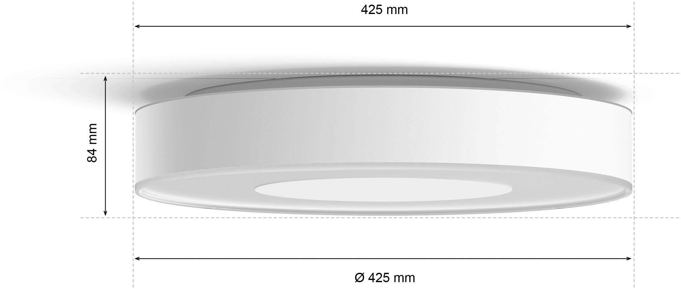 Plafoniera con diametro di 425 mm e altezza di 84 mm.