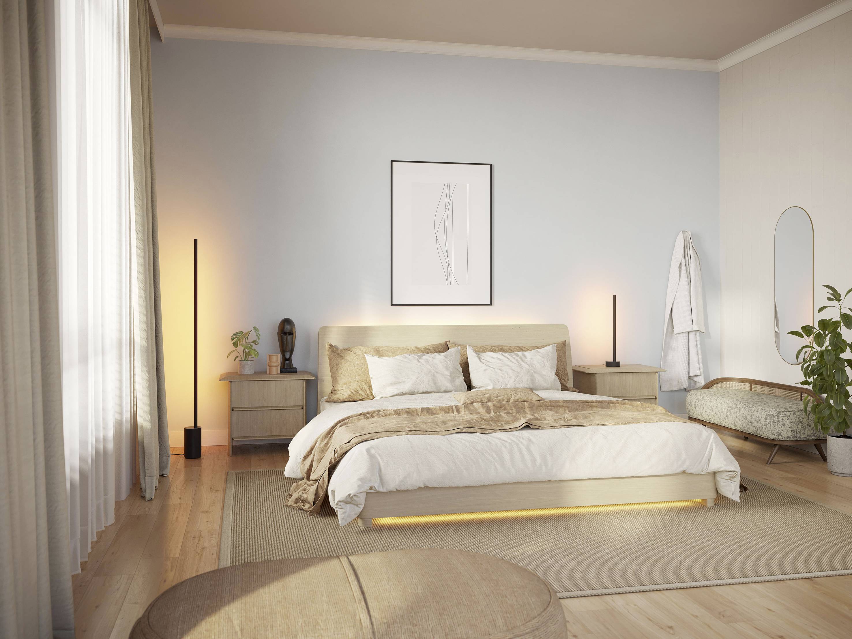 Camera da letto in toni neutrali con un letto matrimoniale, due comodini, lampade moderne e una grande finestra sul lato sinistro.