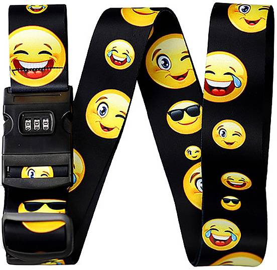 Cinghia nera con faccine emoji colorate, tra cui emoji che ridono, ammiccano e piangono, più un lucchetto a combinazione.