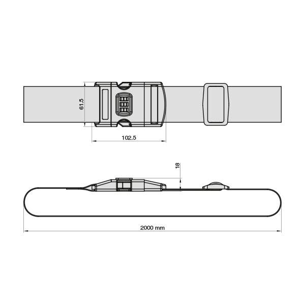 Disegno tecnico di una fibbia rettangolare su una cinghia. Misure: fibbia 61,5 x 102,5 mm, larghezza cinghia 18 mm, lunghezza totale 2000 mm.