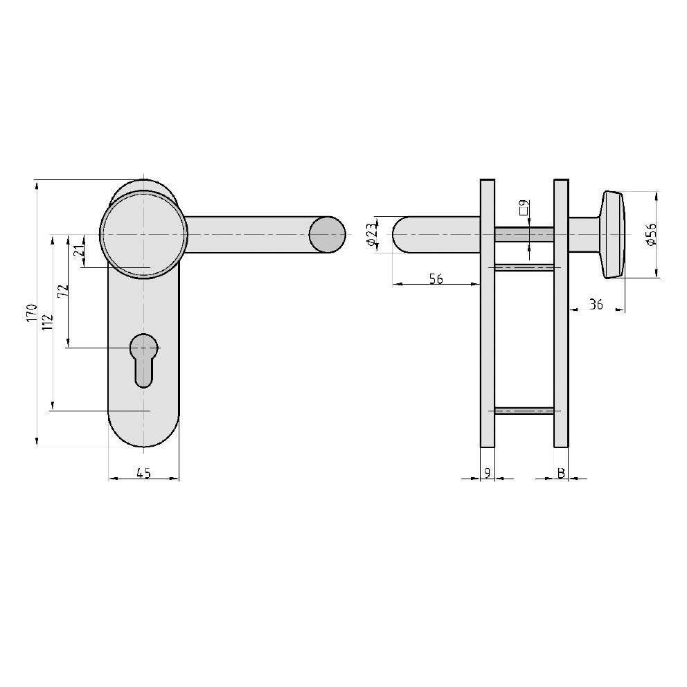 Disegno tecnico di una maniglia della porta con misure: altezza 170 mm, larghezza 65 mm, diametro impugnatura 23 mm, distanza fori di fissaggio 56 mm.