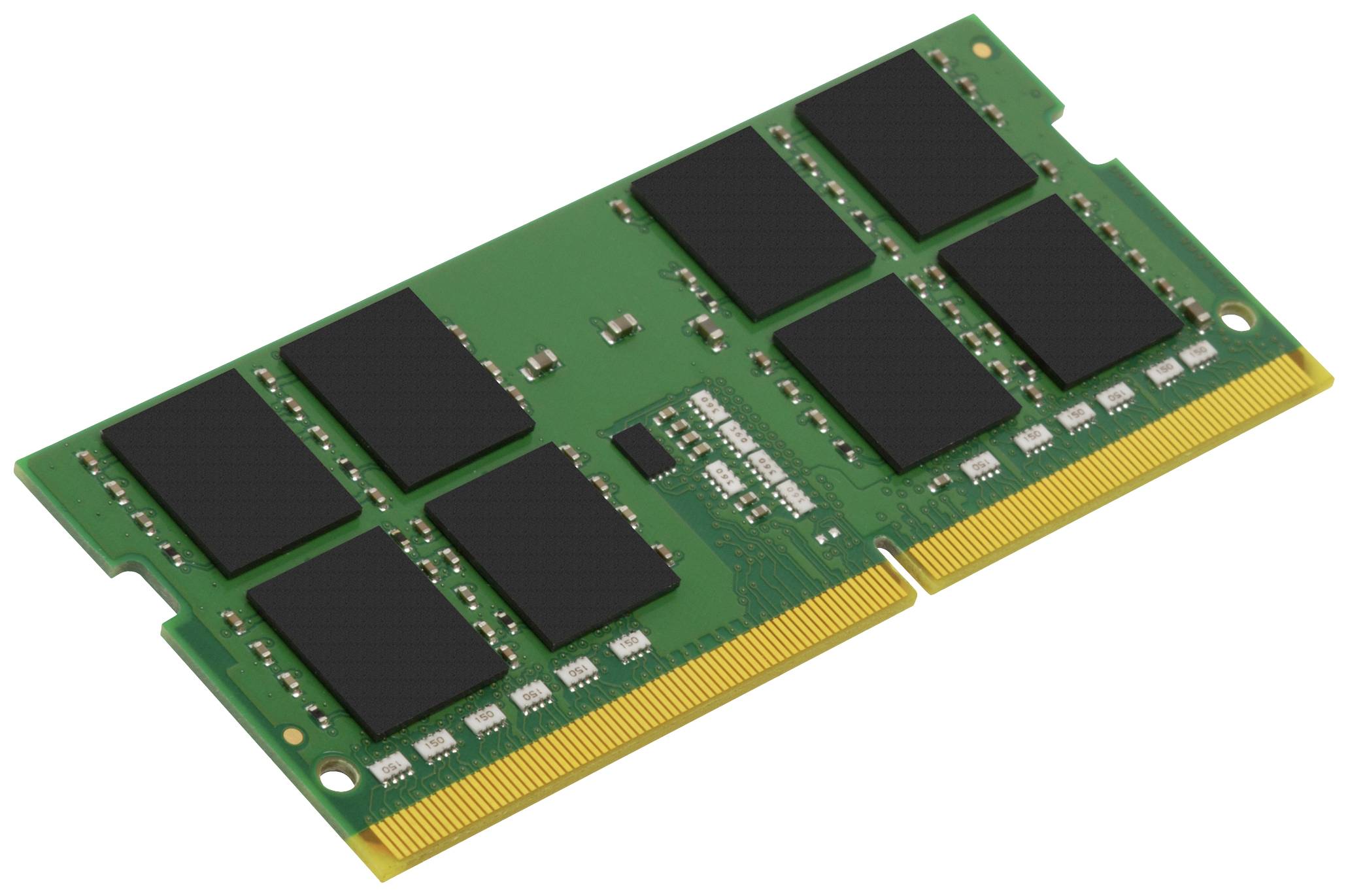 Memoria RAM verde con otto chip di memoria neri e contatti dorati, rappresentata leggermente inclinata.