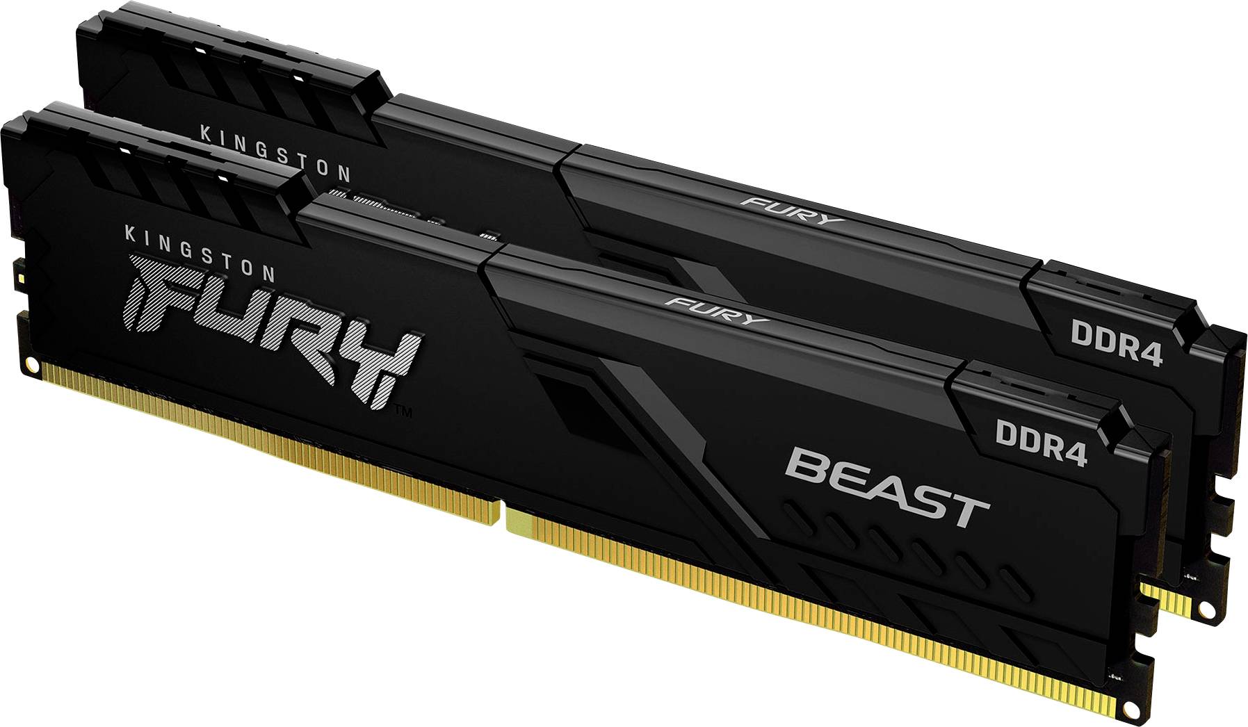 Due moduli di memoria RAM DDR4 Kingston Fury, di colore nero, con le etichette 'Fury' e 'Beast'.