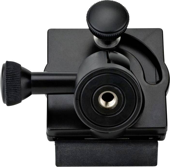 Un treppiede per fotocamera nero, quadrato, con ruota di regolazione e fissaggio a vite verticale, per la regolazione della posizione della fotocamera.